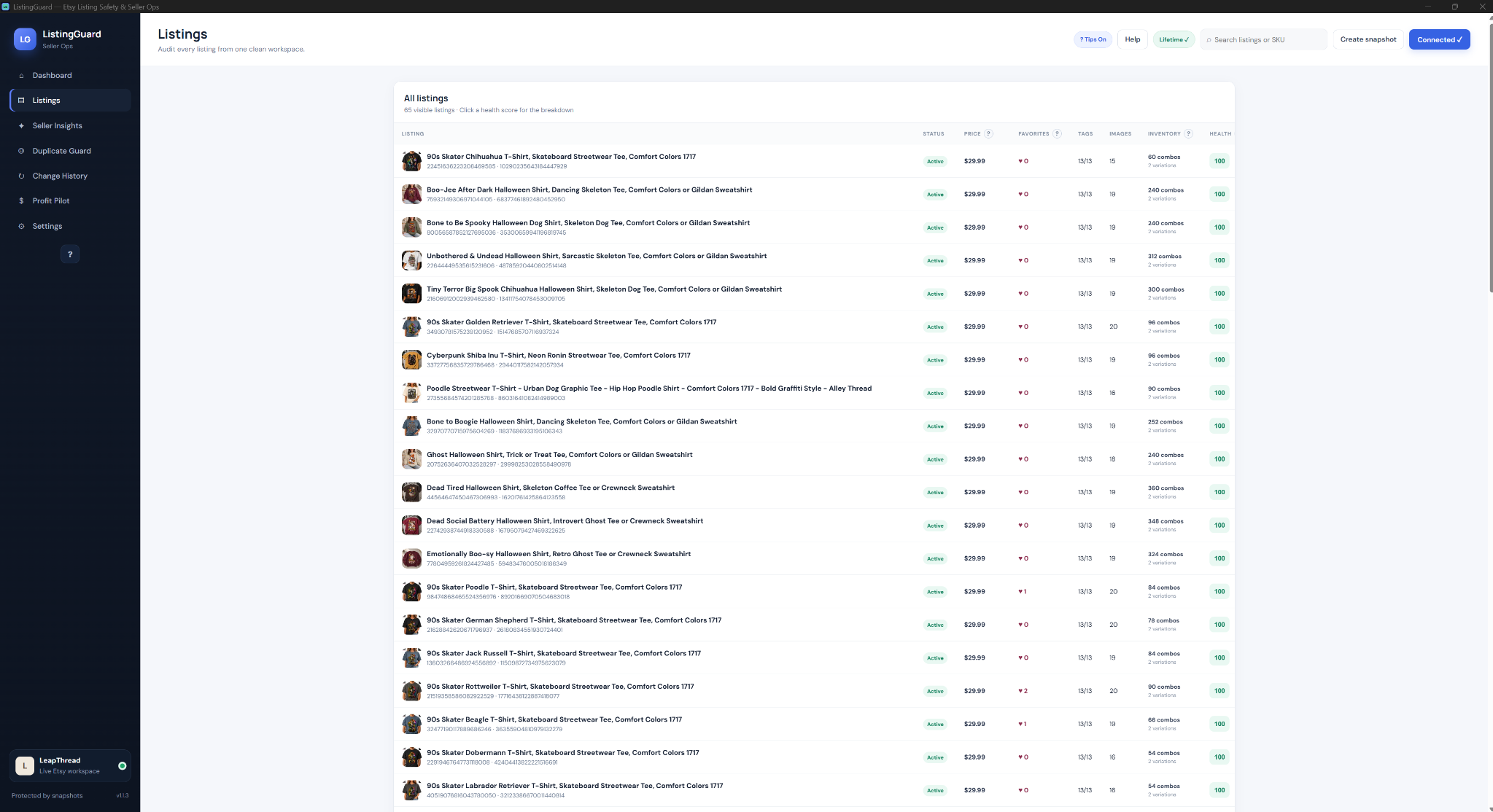 ListingGuard Listings screen showing listing thumbnails, prices, favorites, tags, images, inventory and health