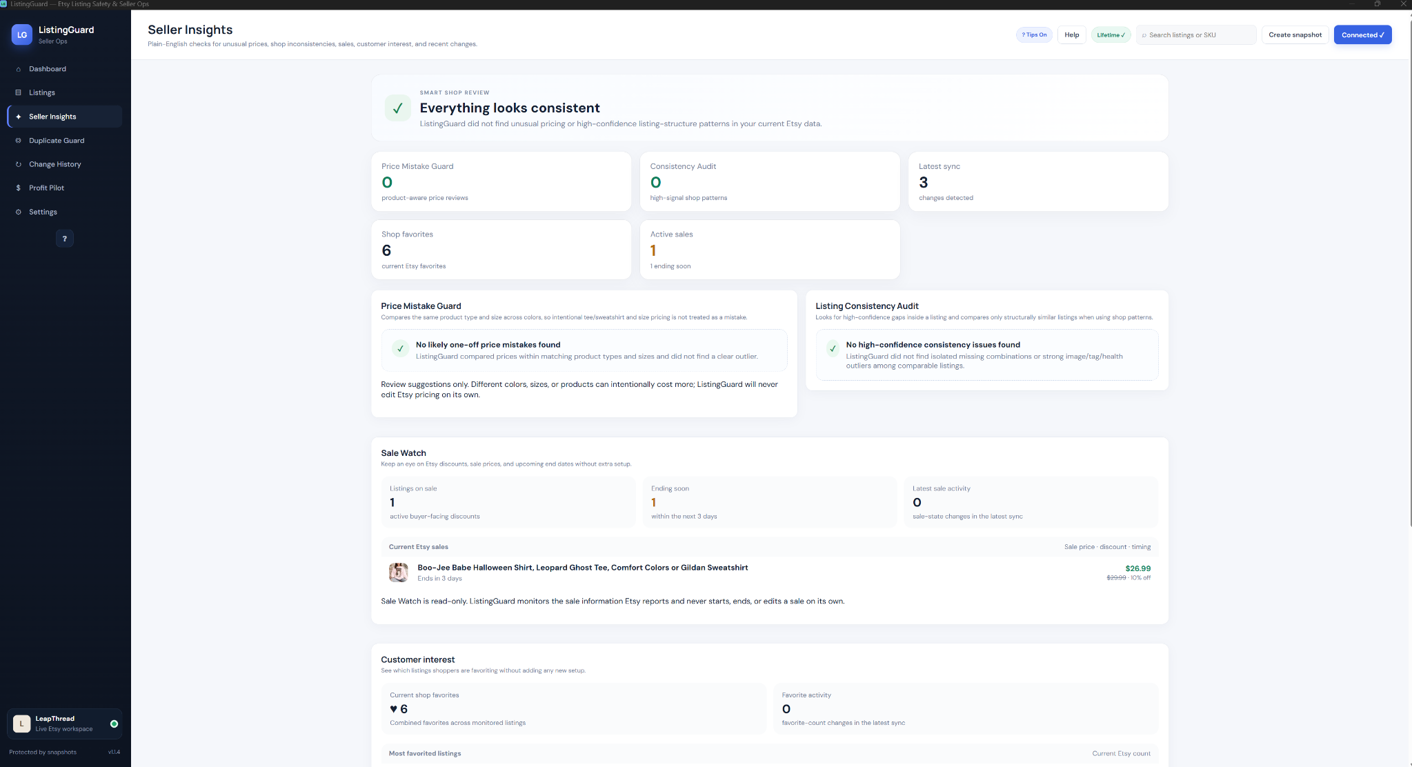 ListingGuard Seller Insights screen showing pricing checks, consistency checks, favorites and Sale Watch